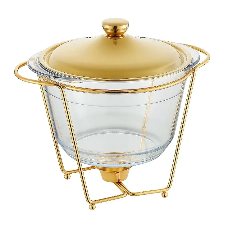 Heat resistant glass dining stove 4L rotundity with lid alcohol heated golden buffet pot constant temperature stove