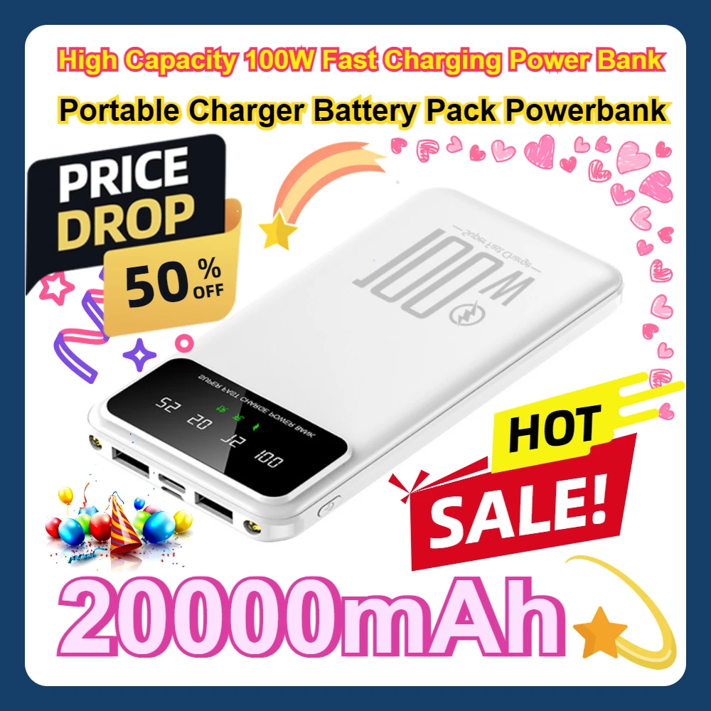 

For IPhone Huawei Samsung 20000mAh High Capacity 100W Fast Charging Power Bank Portable Charger Battery Pack Powerbank