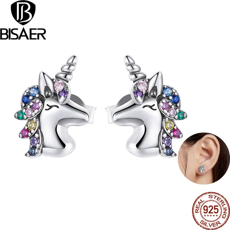 Bisaer 925 Sterling Silver Colorful Zircon Unicorn Stud Earrings For Women Girls Wedding Party Fashion Silver 925 Jewelry EFE496