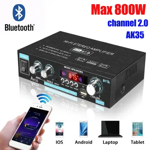 HiFi 디지털 블루투스 앰프 MP3 채널 2.0 사운드 앰프 지지대, 가정용 자동차 FM USB 리모컨, AK35, 110V-240V