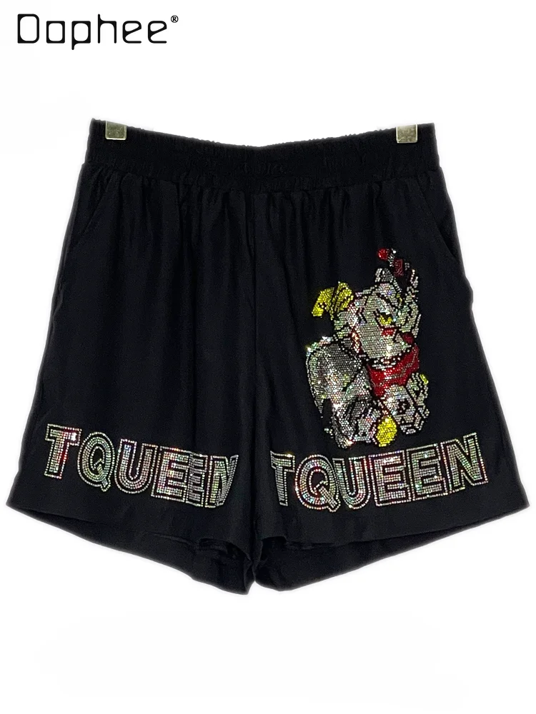 European Goods Heavy Industry Diamond Cartoon Letter Shorts Elastic Waist Black Casual Shorts 2024 Summer Thin Women Shorts