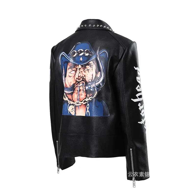 Punk Studded Black Leather Jacket for Women and Men 2024 New Streetwear Contrast Fun Print Faux Leather Motorcycle Jacket