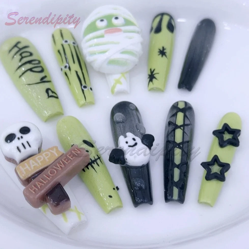 

10Pcs Handmade Press On Nails 3D Hand-Painted Little Devil Halloween Skull Cute Mummy Ghostface Reusable Long Wearable Fake Nail