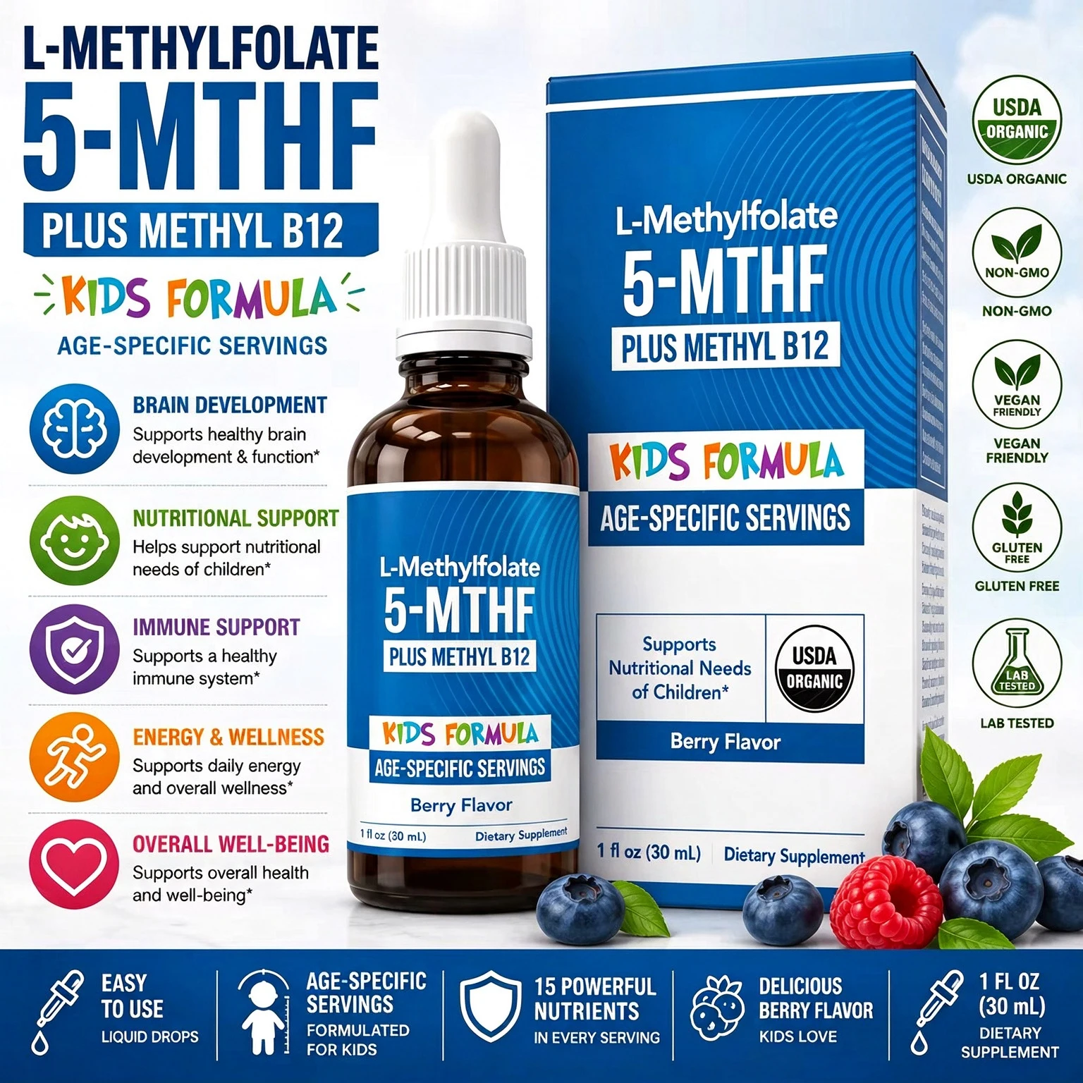 L-Methylfolate 5-MTHF Methyl B12 Liquid Drops Kids Formula Specific Active Folate Dietary Supplement Children Daily Wellness