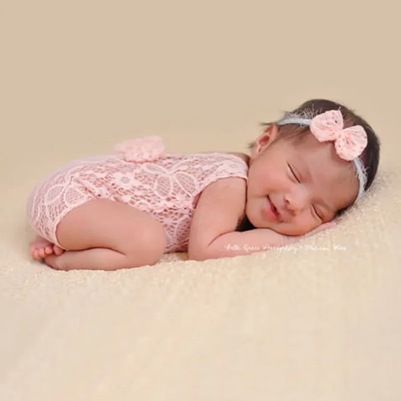 2 Pieces Set Beige Newborn Photography Clothes Costume Lace Romper Bow Headband Set Baby Girl Photo Shooting Outfits