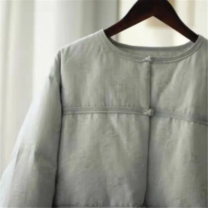 2025 nuevo abrigo corto de algodón grueso de invierno para mujer estilo chino de manga larga Casual cálido cuello redondo chaqueta acolchada prendas de vestir