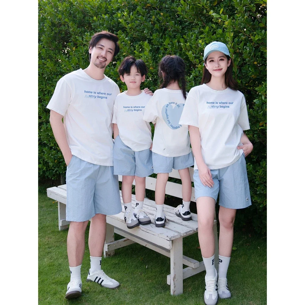 Summer Family Matching Outfits Heart Print T-Shirt & Quick Dry Shorts Set Casual Outdoor Breathable Family Wear for Mom Dad Kids
