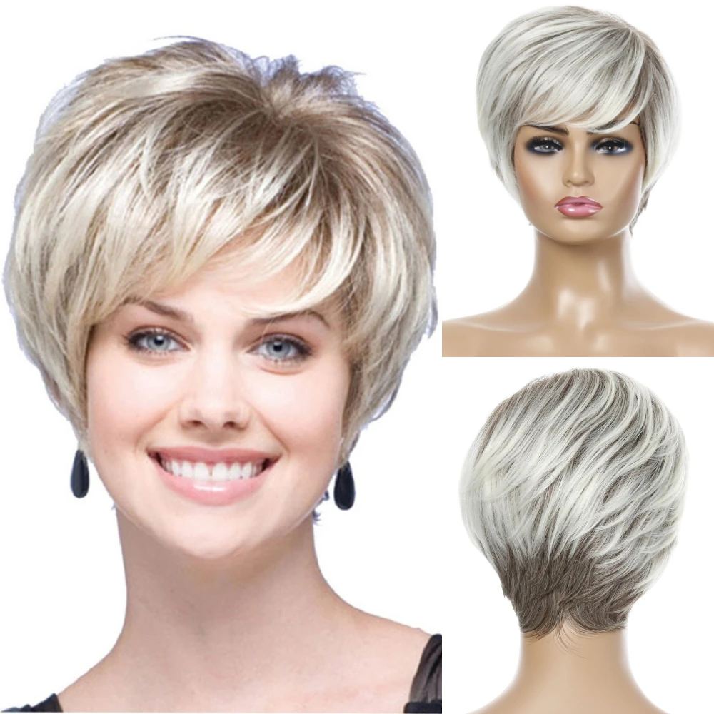 Ladies Short Nature Blonde Synthetic Wig Pixie Cut Wig With Bang For Women Daily Party Use Heat Resistant Fiber