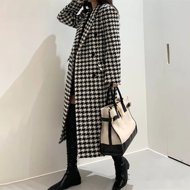 Houndstooth Blends Women Long Coats Vintage Elegant High Street Autumn Winter Stylish French Version Notched Clothing for Ladies