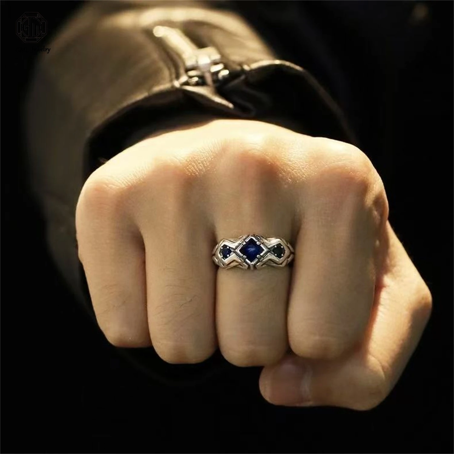 Thai Silver Blue Sapphire Ring Men Open Adjustable Band Unique Masculine Vintage Gemstone Statement Jewelry Gift