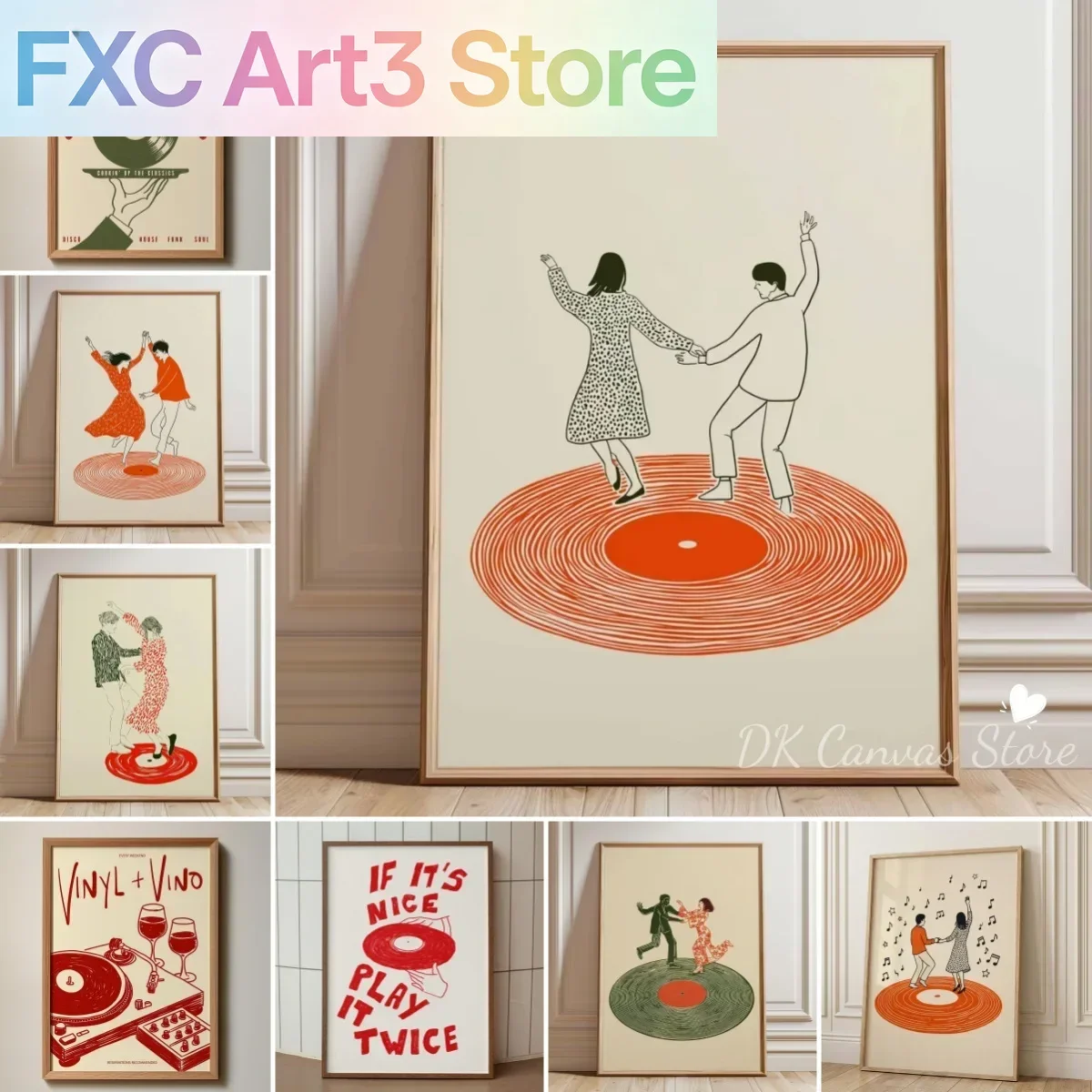 1 pieza de póster impreso en lienzo sin marco con diseño de pareja bailando con tocadiscos retro, ilustración moderna inspirada en la música, impresiones artísticas para el Día de San Valentín
