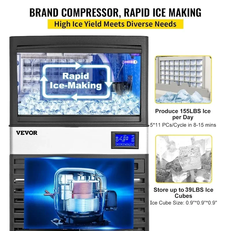 Máquina comercial de fazer gelo VEVOR 110V, máquina de gelo comercial 155LBS/24H com compartimento de 39LBS e bomba de drenagem elétrica