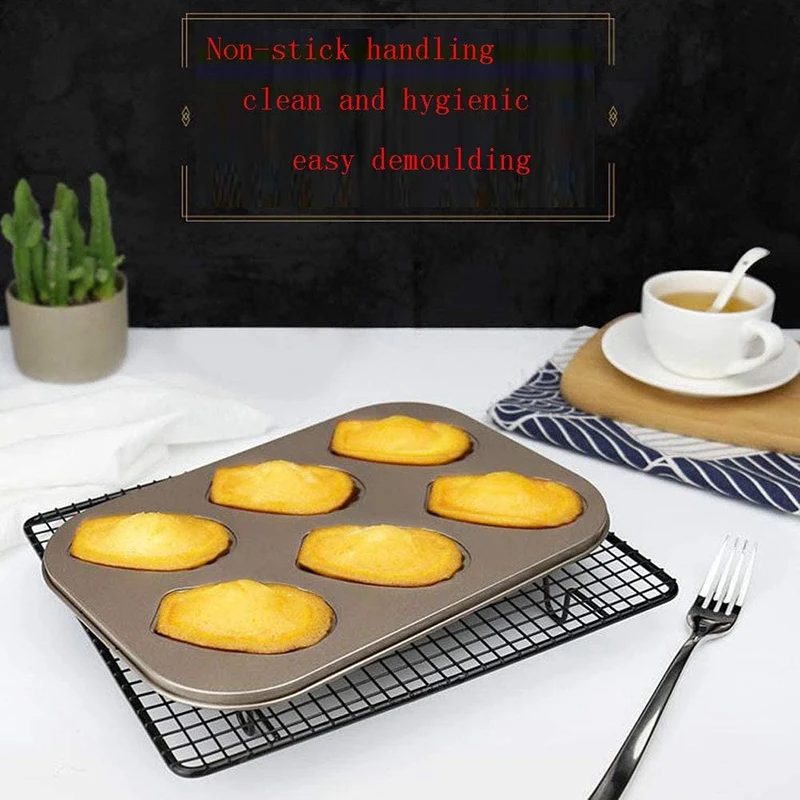 Supernew  2 Pack Madeleine Mold Cake Pan, Non-Stick Heavy Duty Shell Madeline Bakeware for Oven Baking (Gold)
