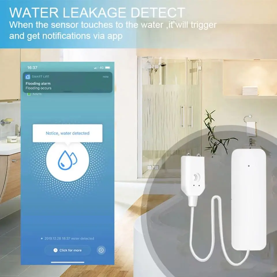 Sensor inteligente de fugas de agua, alarma de inundación, funciona con Zigbee Hub, Tuya, TY007