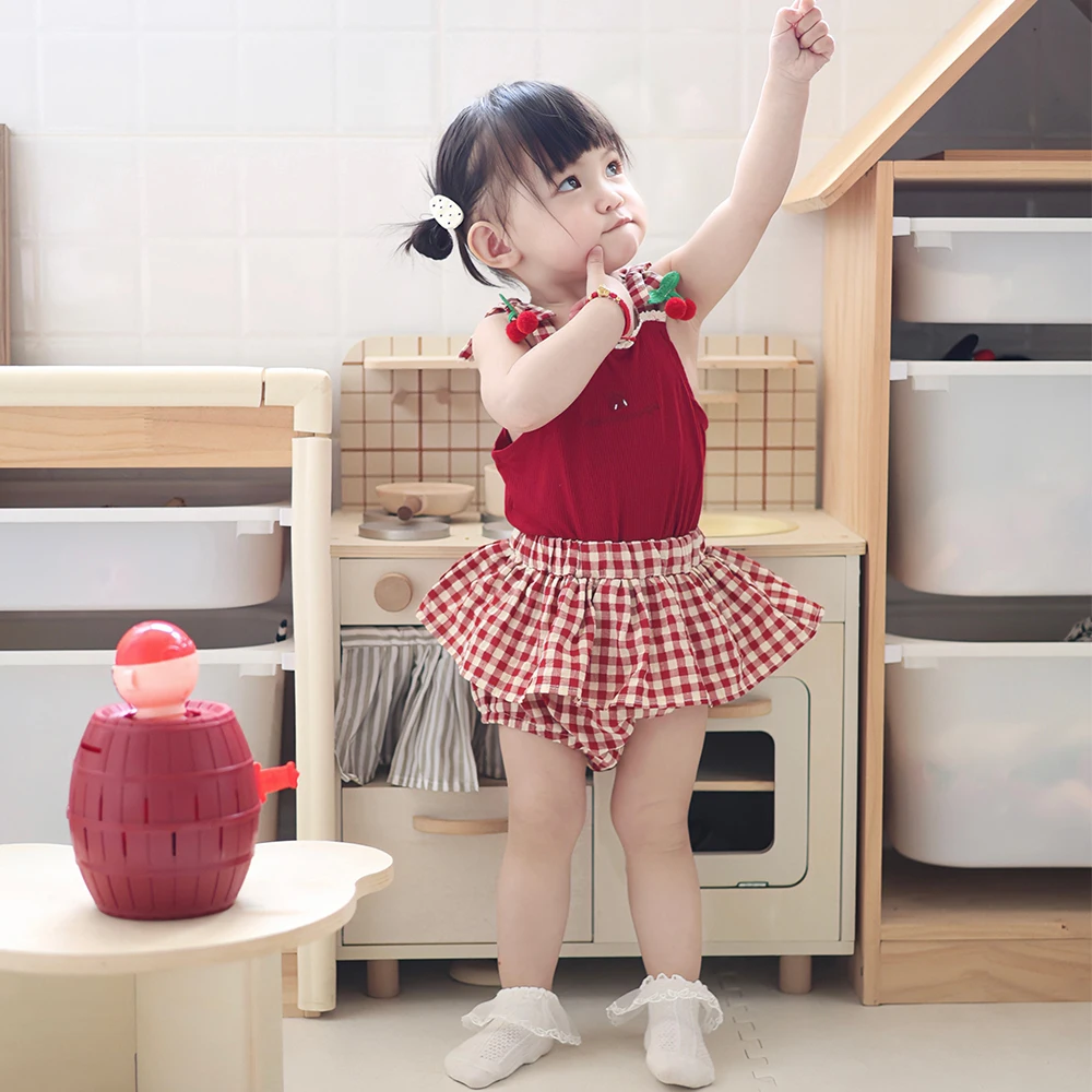 

Summer Collection: Baby Cherry Embroidered Red Strap+Red and White Grid pleated Skirt Cute Princess Style Two Piece Set