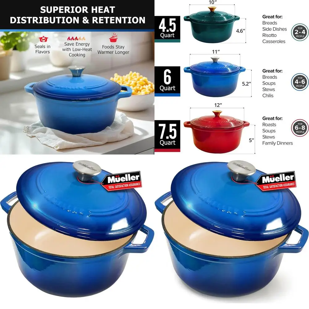 

6-Quart Enamel Cast Iron Dutch Oven, Sturdy Casserole and Braiser Pan with Lid and Knob, Suitable for All Cooktops, Aqua Blue