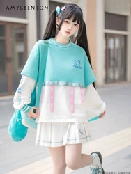 Japanische süße süße Anime bestickte Rundhals ausschnitt Langarm Hoodie hohe Taille schlanke Falten rock Kawaii zweiteilige Sets Frauen