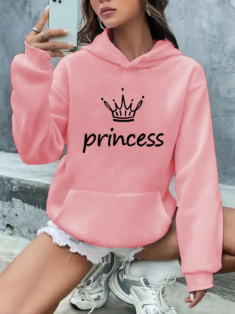 Winter Women Hoodies Princess Printed Pullover Pocket Drop Sleeves Hoody Breathable Loose Sweatshirts Cute Ladies Clothes