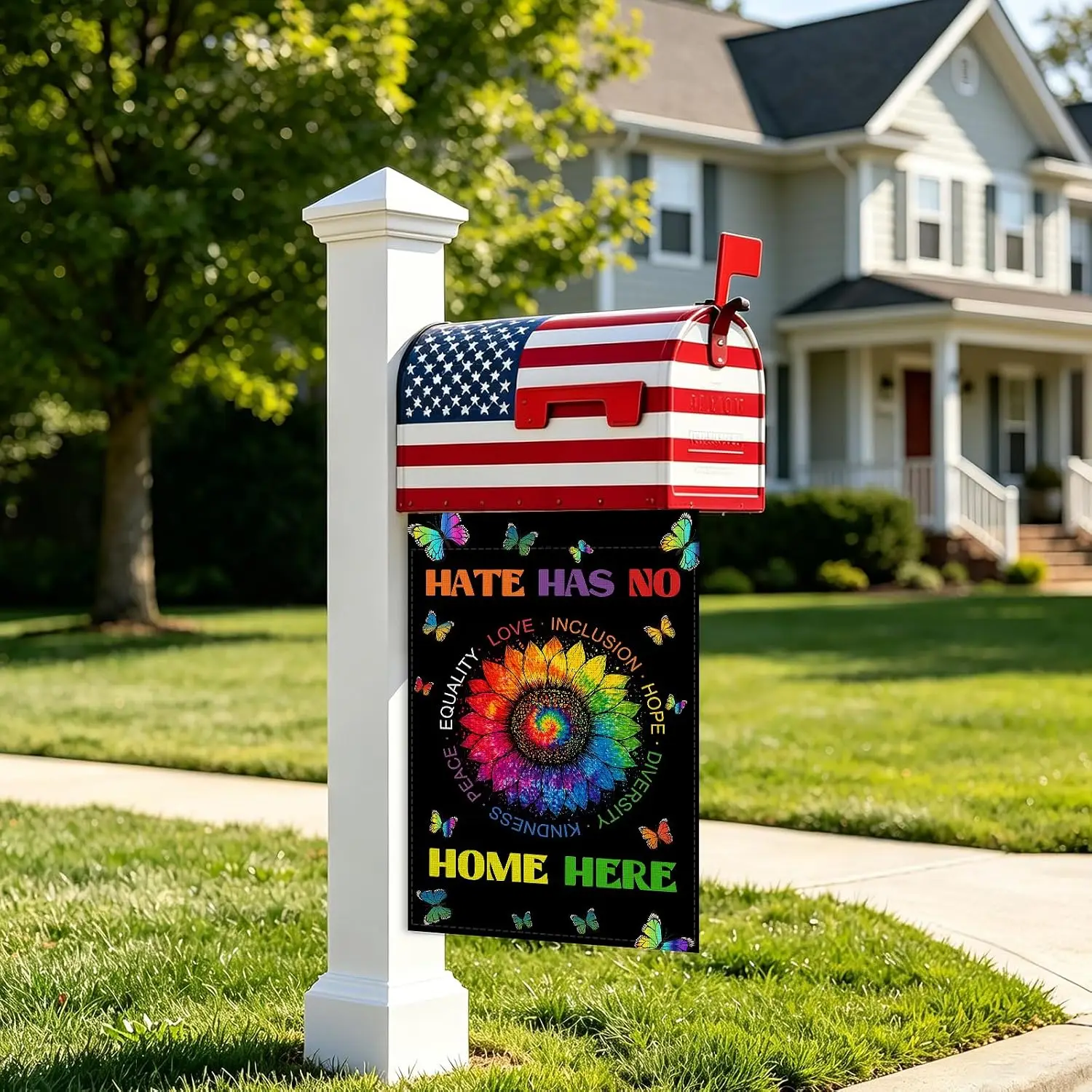 Hate Has No Home Here Rainbow Garden Flag 12x18 Inch Double Sided Burlap Peace Equality Kindness Resist Flag for Yard, Lawn, llp