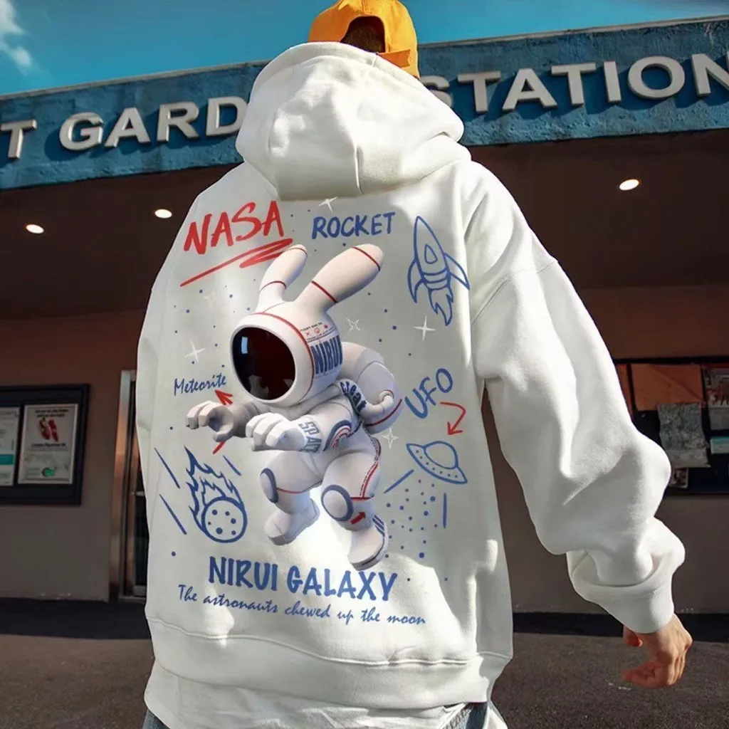 

【M-8XL Hoodies】Men Oversized Hoodie Fashion Loose American Trendy and funny space rabbit Print Long Sleeve Couple Clothes