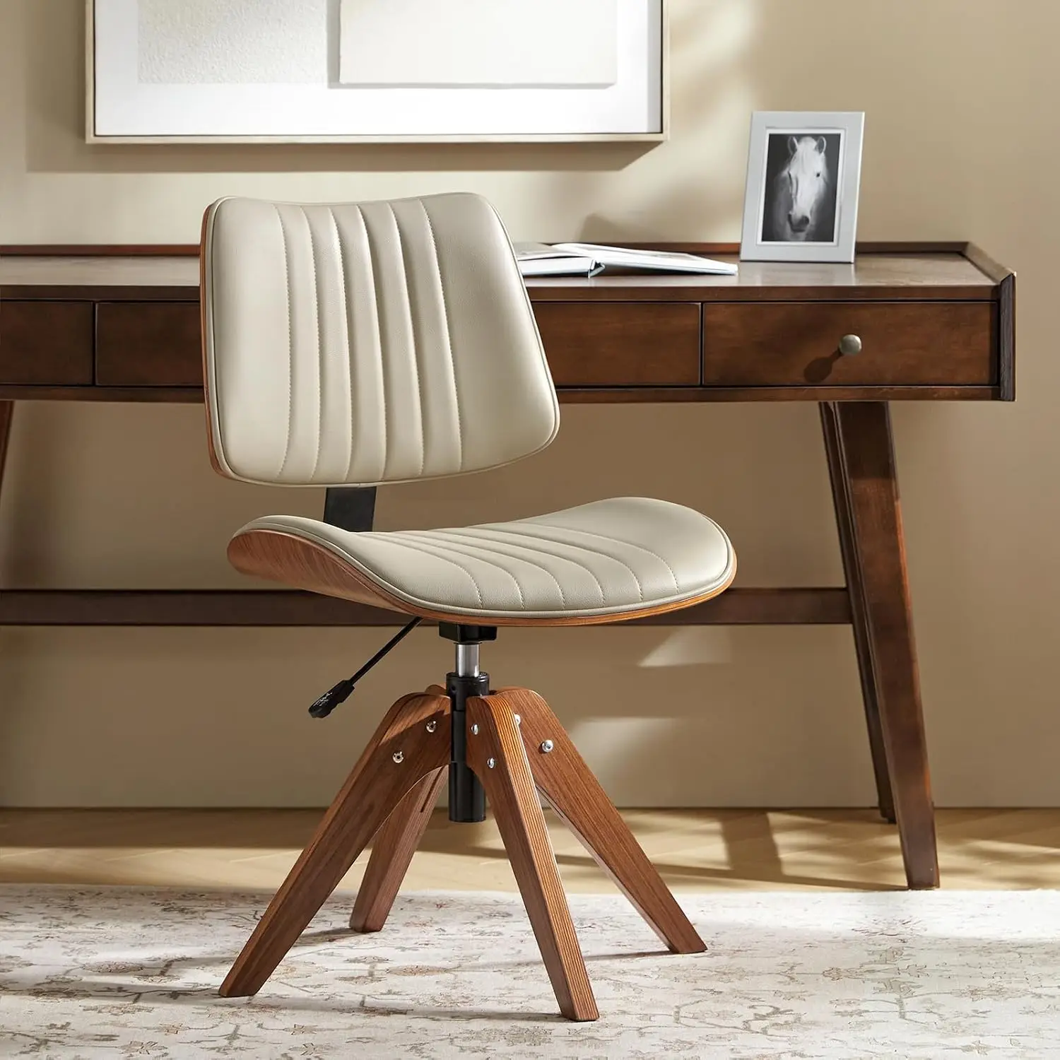 Mid-Century Modern Desk Chair Faux Leather Wood Legs No Wheels 360° Swivel Tufted Backrest Height Adjustable Ivory, Customized