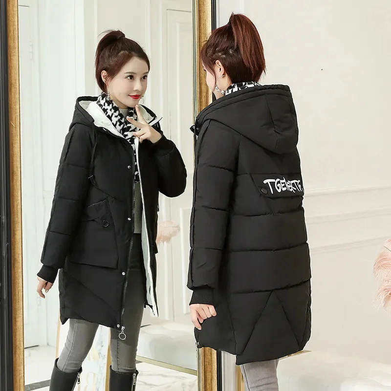 Winter Mid-Long Down Cotton Jacket Women 2023New Stand-Up Collar Hooded Coat Pure Colour Outerwear Thicken Parka Overcoat Female