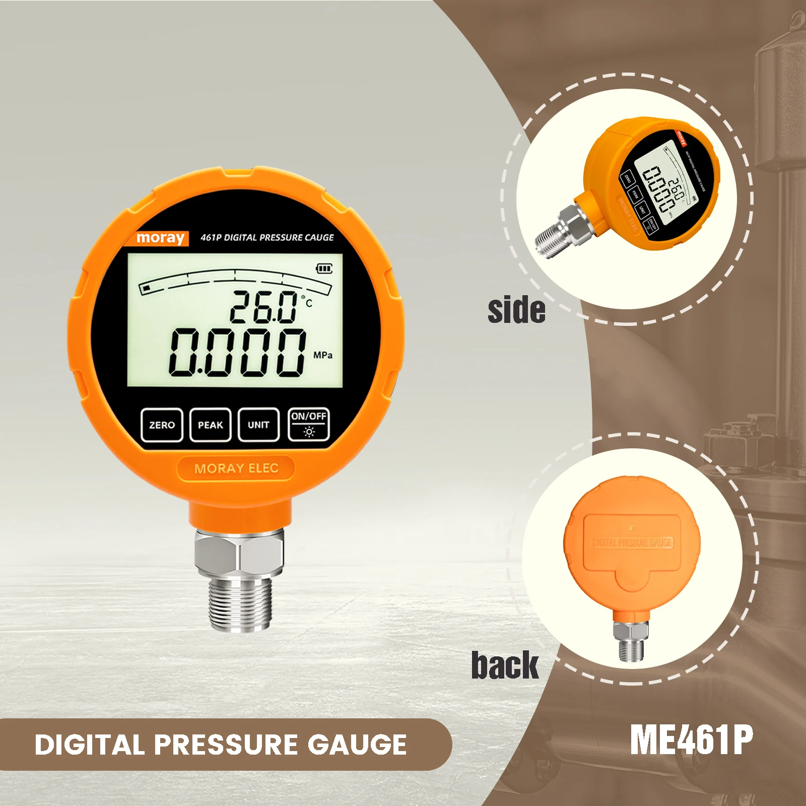 Moray ME461P عالية الدقة الرقمية مقياس الضغط الهيدروليكي الحجاب الحاجز 316L LCD الفولاذ المقاوم للصدأ الغاز السائل الوقود المعاير
