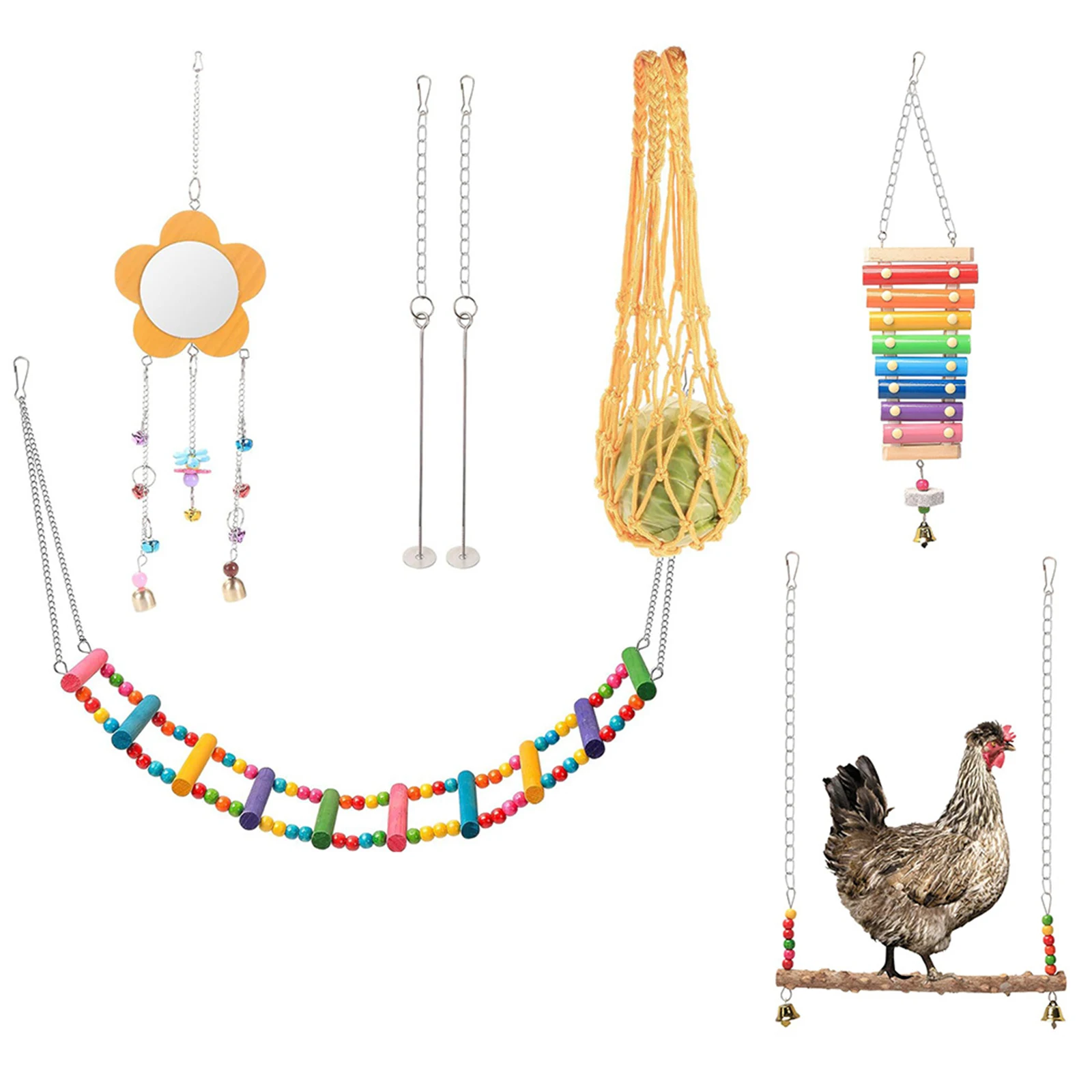 

7PCS Chewing Foraging Toy with Wooden Hanging Feeder Chewing Training Toy Parrot Playing Training Toys Rooster Hen Chick Toys
