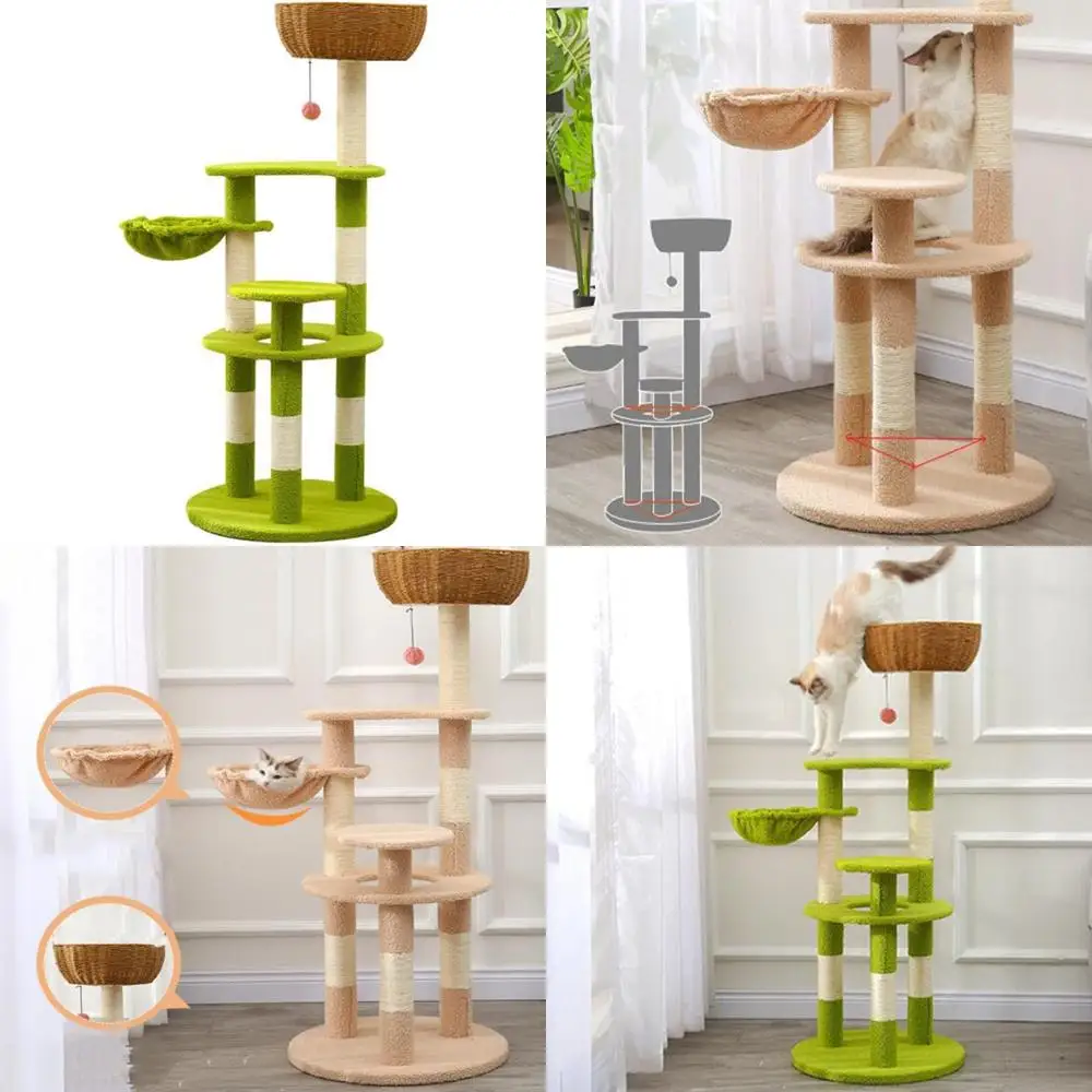 

Приподнятая башня для кошек для больших кошек, многоуровневая зона для игр и отдыха высотой 55 дюймов, экологически чистая конструкция из сизалевой веревки