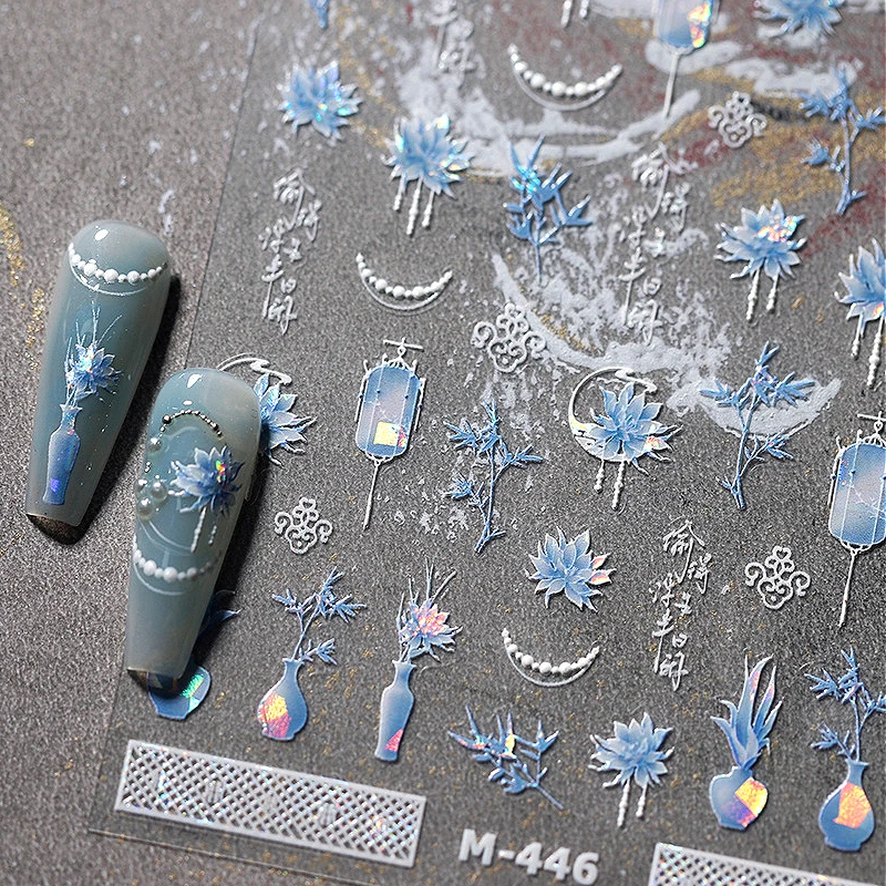 Blue Lotus Flowers Bamboo Vases Lantern Chinese Style Polarized Self Adhesive Nail Art Stickers Rhinestone Pearl Manicure Decals