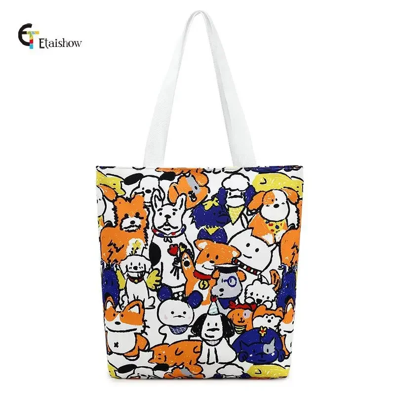 New canvas bag cartoon printed puppy shoulder bag women's large-capacity student tutoring bags versatile tote bags