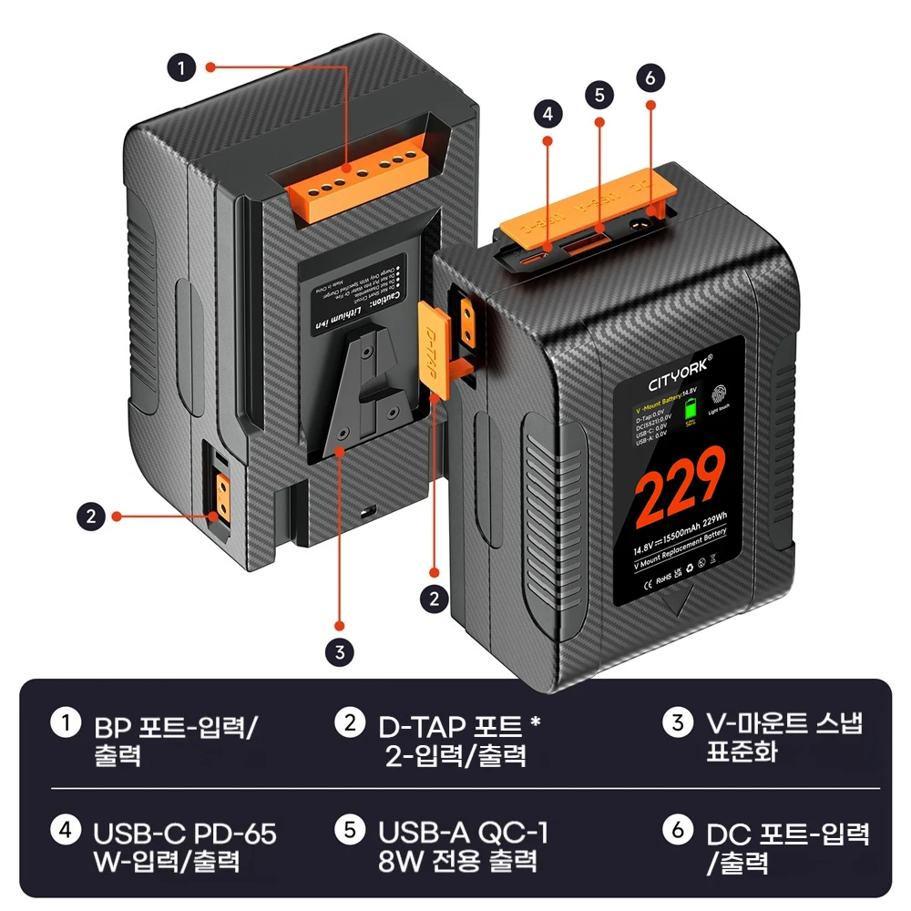 V 마운트 배터리 V 락 BP-229 BP 휴대용 배터리 (PD 65W 고속 충전 포트 포함) 소니 캠코더 카메라 비디오 라이트 블랙매직용