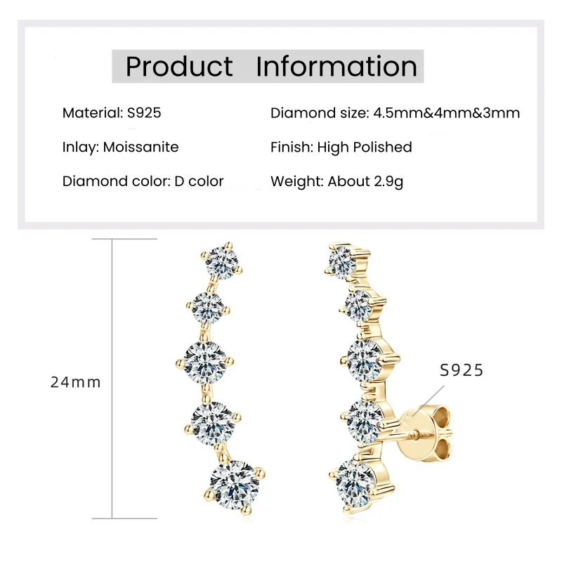 IOGOU All D Moissanite Crawler Earrings for Women Real 925 Silver 4.5mm&4mm&3mm Round Five-stone Stud Earrings Engagement Gift
