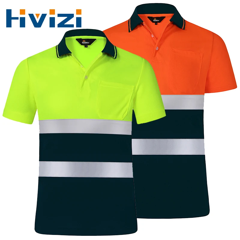 Hi Viz Safety Polo Shirt Orange High Visibility Reflective Shirt With Pockets Quick Dry Safety Clothing Night Work T-shirt