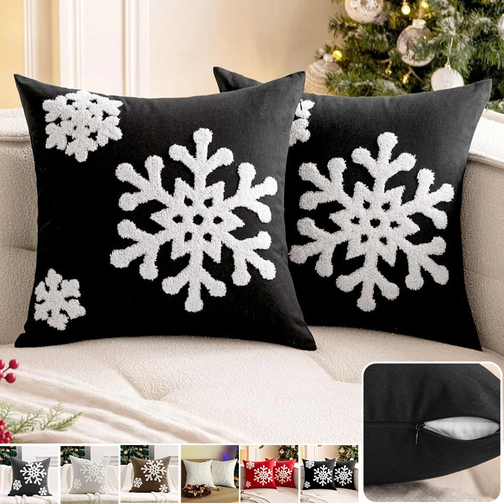 Embroidery Snowflake Throw Pillow Covers 18x18 Christmas Decorative Cushion Cases for Home Sofa Couch Funda Cojín Navidad 쿠션커버