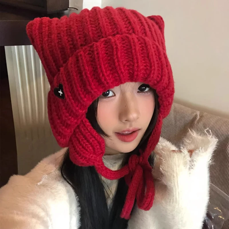 

Y2K милые вязаные шапки с кошачьими ушками для женщин, осенне-зимние утолщенные теплые универсальные забавные пуловеры с защитой ушей, шапки для мужчин