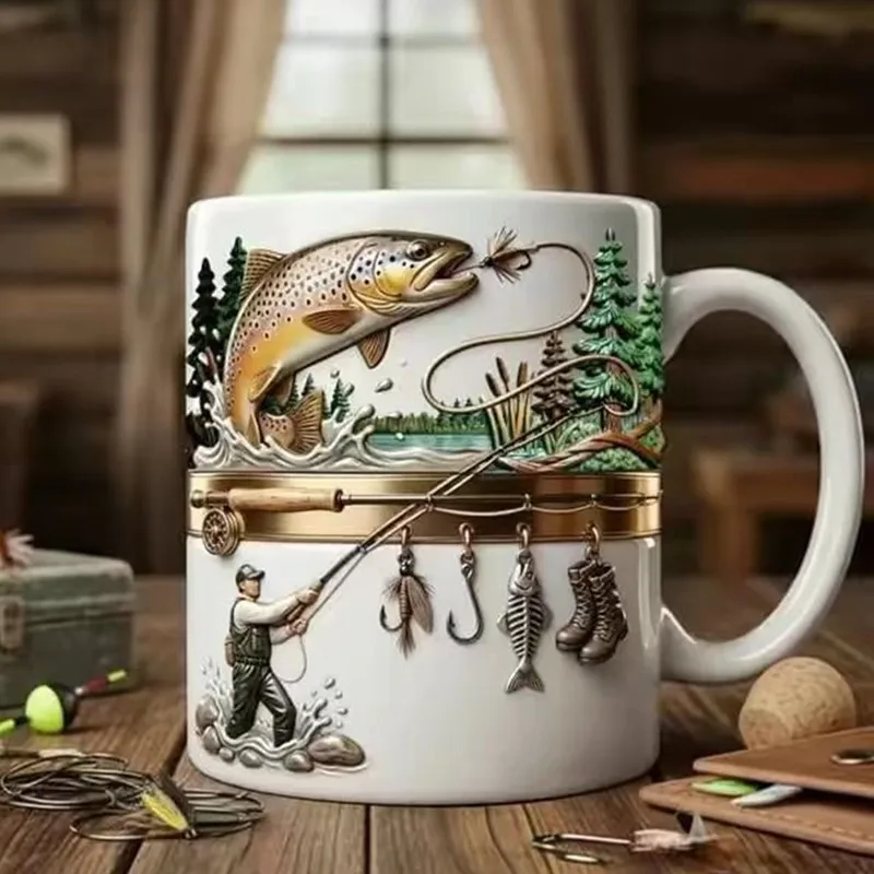 Novelty 350ml Ceramic Fishing Mug Funny Drinkware Fisherman Coffee Mug for Cold Weather Outdoor Fishing Camping Hiking Picnic