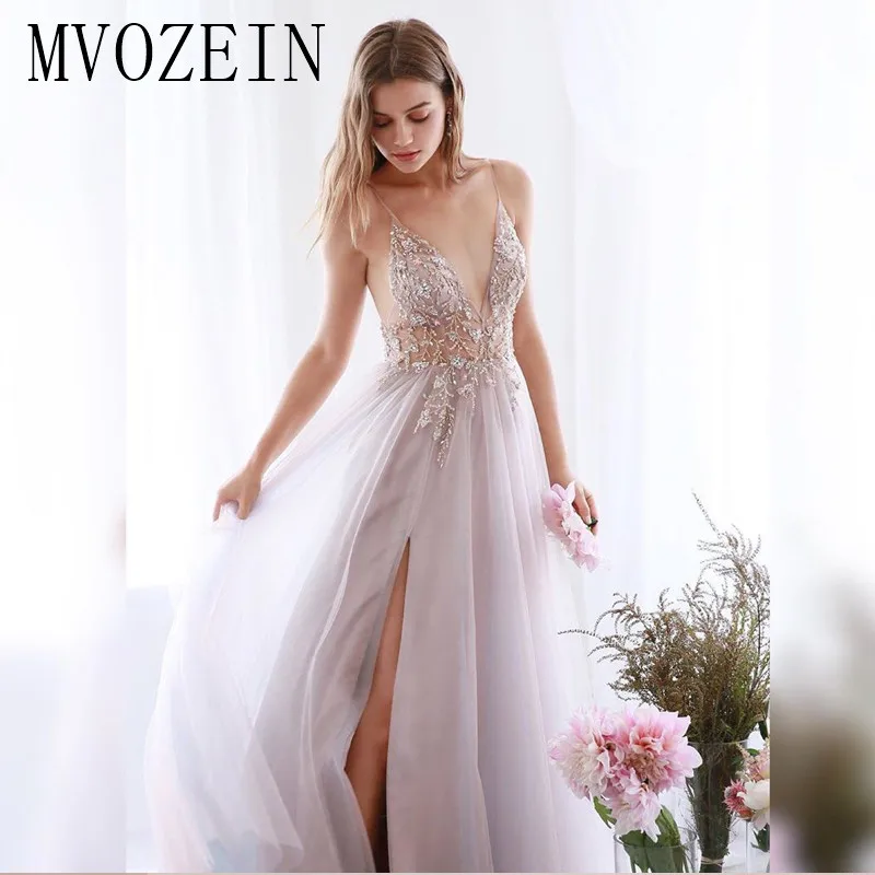 Charming Evening Dresses Long A-Line V-Neck Spaghetti Strap Hand-Beading Evening Dress Formal Party Gowns robe de soiree