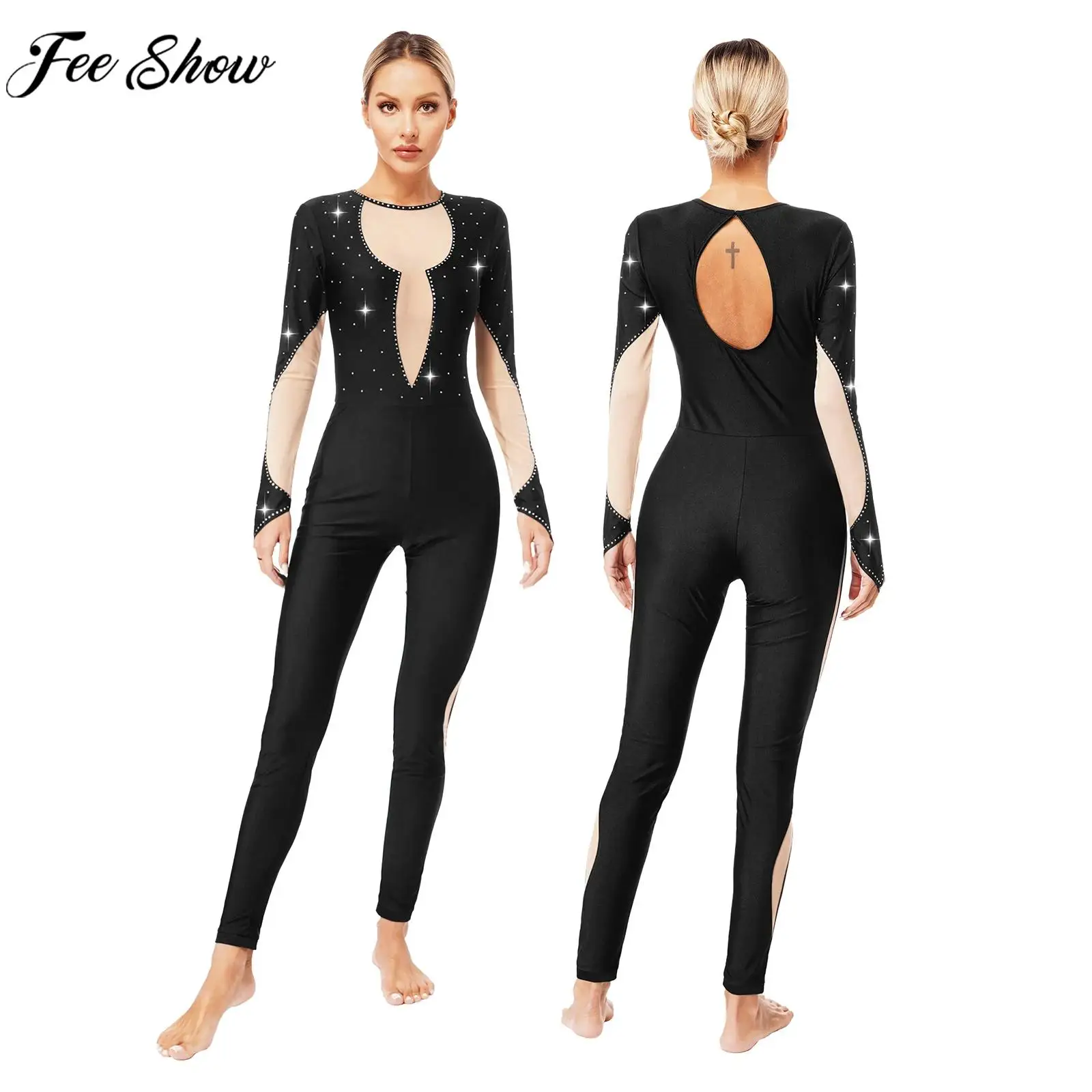 Women Figure Skating Ballet Dance Gymnastics Acrobatics Yoga Leotard Long Sleeve Shiny Rhinestone Sheer Mesh Jumpsuit Dancewear