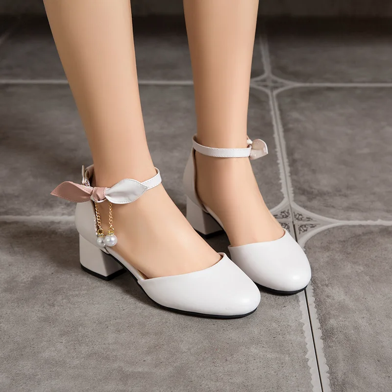 Children Girl High heel Shoes Kids Princess Sandals Fashion Pearl Bow Thick Heel Shallow Woman High heels For Party Wedding28-39