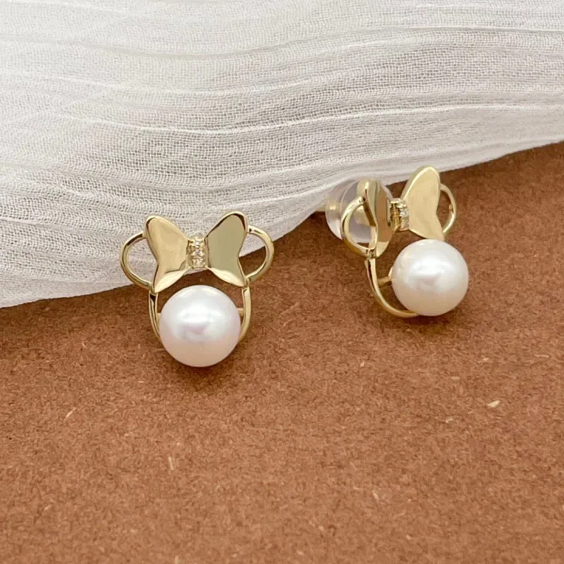 DSHIJOJ 7-7.5mm AA Akoya Pearl 18K Women Earrings Butterfly Simple Style Au750 Saltwater Pearl Stud Earrings