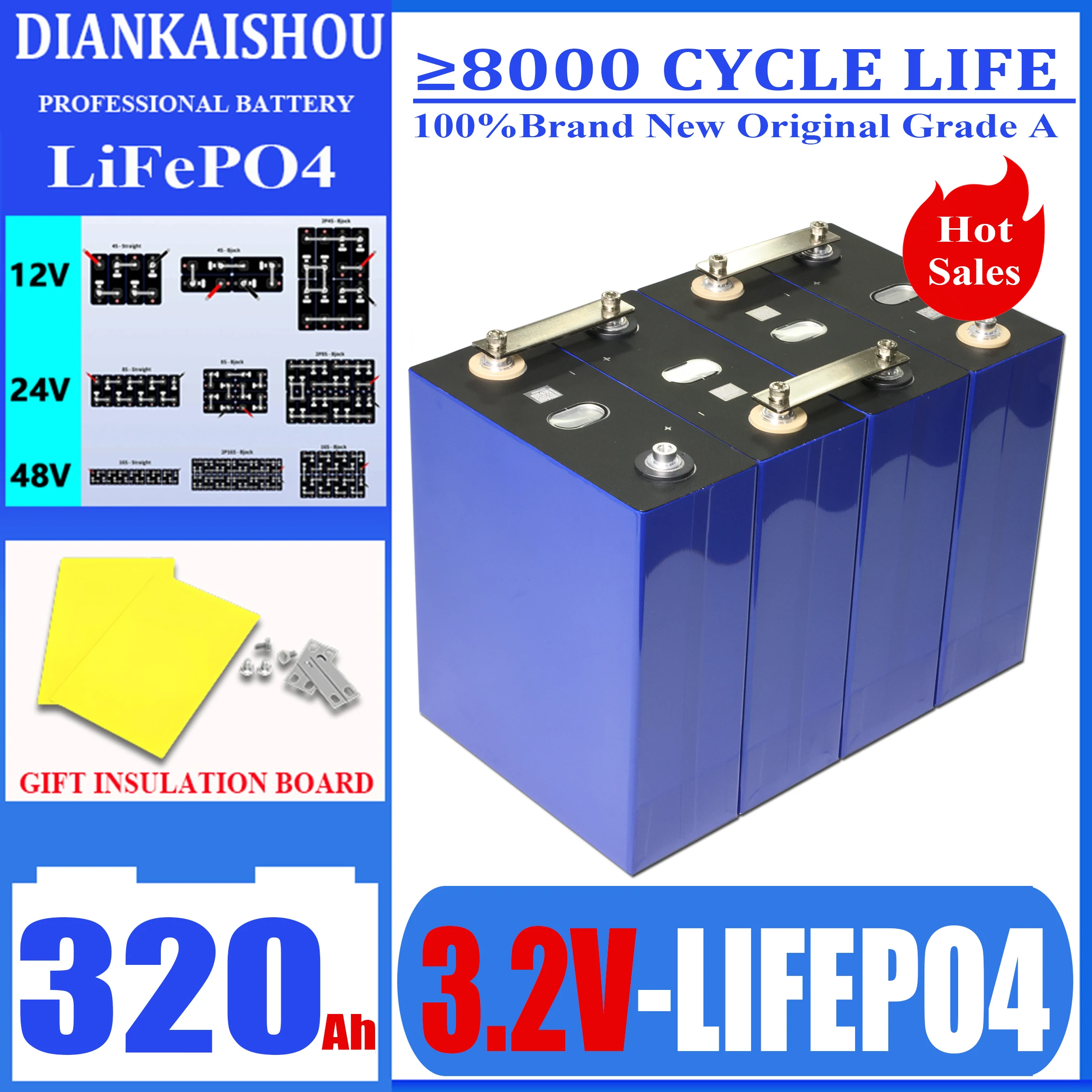 1-16pcs 3.2V 320Ah Lifepo4 Grade A Rechargeable Battery Lithium  Phosphate Travel Solar Campers Cell 12v 24v batteries Tax Free