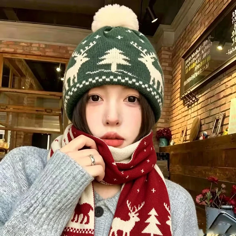 Creative Christmas Set Hat Scarf Knitted New Year's Christmas Hat Scarf Two Piece Set Winter Gift Winter Warmth