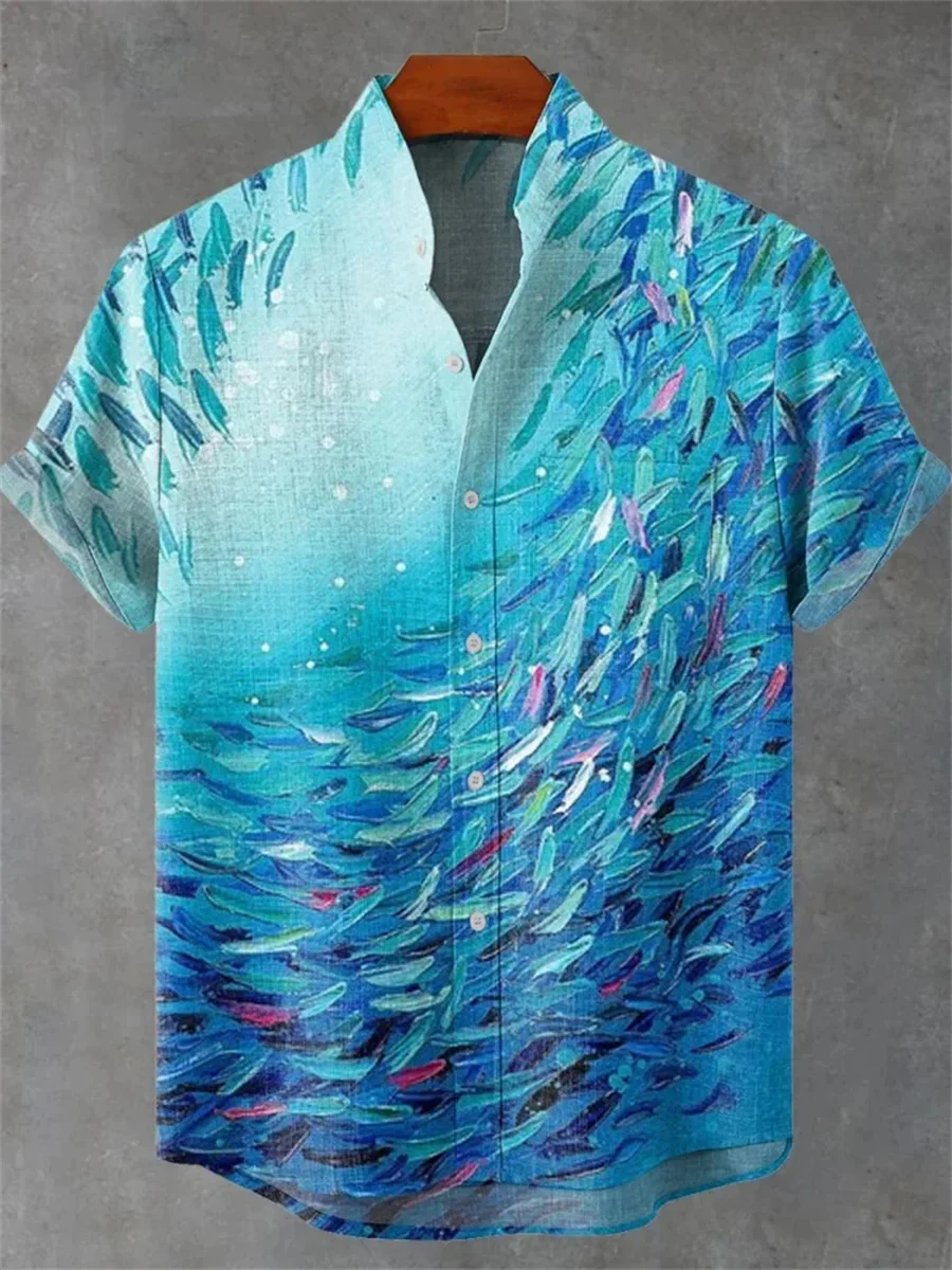 2025 new fashion short-sleeved shirt, made of comfortable and breathable fabric, new linen stand-up collar with fish print
