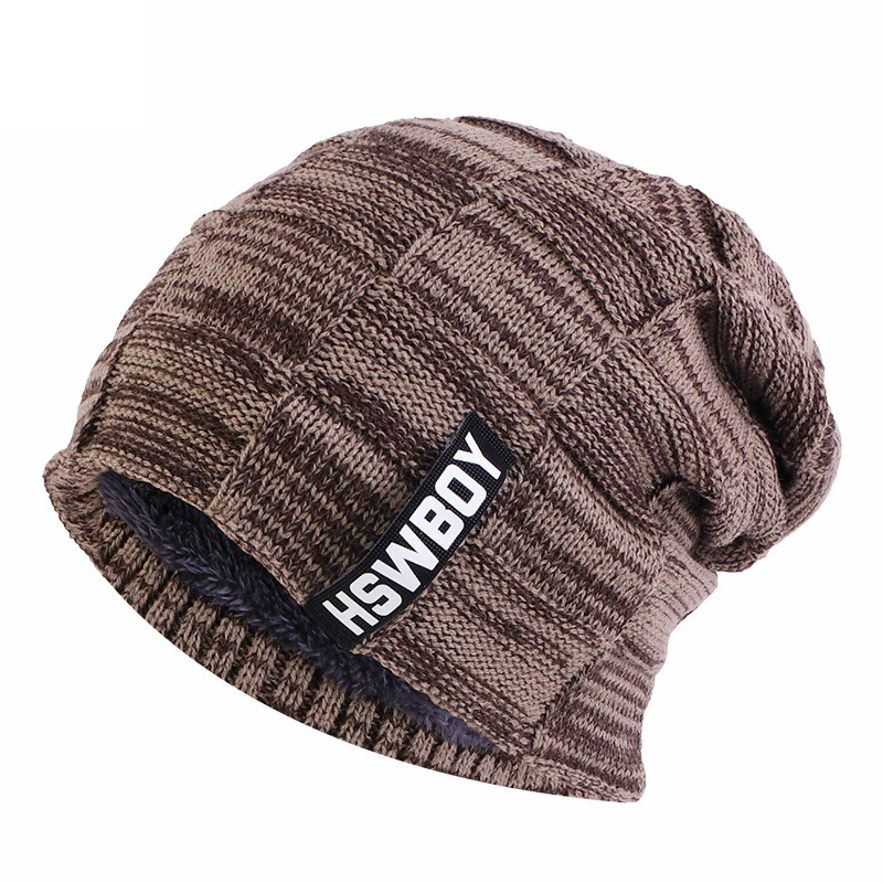 Winter Plush Lined Hat Men Women Knitted Beanies With Letters Plaid Skullies Grey Brown Black Wine Red