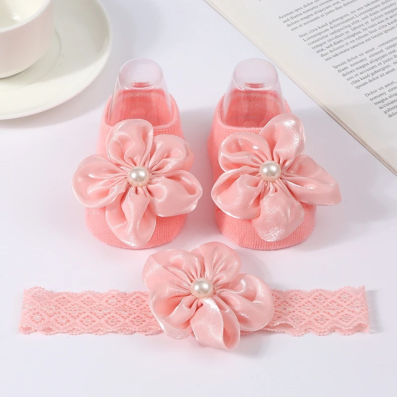 

2 Pcs/Set Baby Headband Socks Set Mesh Bow Decor Flower Newborn Girl Short Socks Bow Infant Baby Turban Hairband