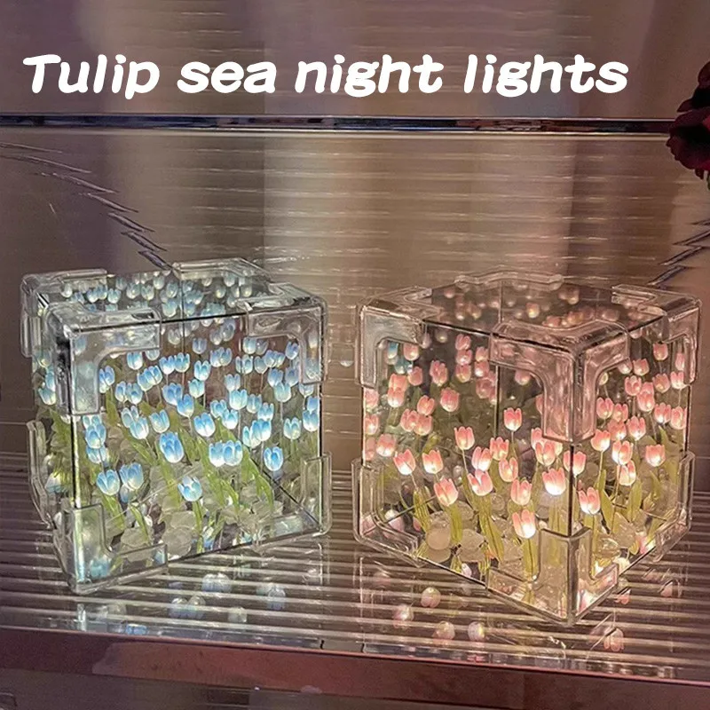 Diy Tulp Bloem Zee Materiaal Pakket 20/30flower Handgemaakte Creatieve Operated Verjaardag Blauw Licht Nacht Lampen Gift Led Spiegel Fo