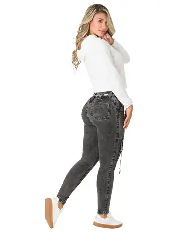 महिलाओं के लिए फैशनेबल वॉश ब्लैक और ग्रे फ्रंट बटन सजावटी स्ट्रैप, स्ट्रेच स्लिम बट टकिंग कैज़ुअल नाइन-पॉइंट जींस 8 best sales ग्रे पैंट - №6
