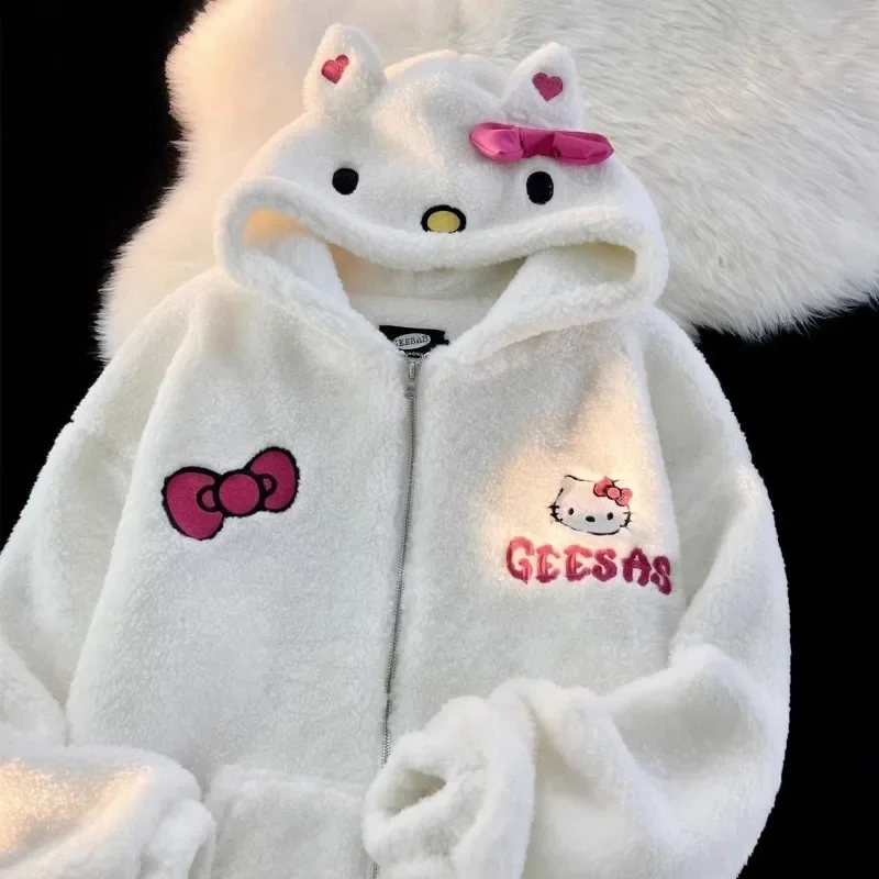 Sanrio Cute Hello Kitty Lamb Wool Coat for Female Students Winter Loose Plush Thickened Warm Cotton Coat Winter Coat for Women