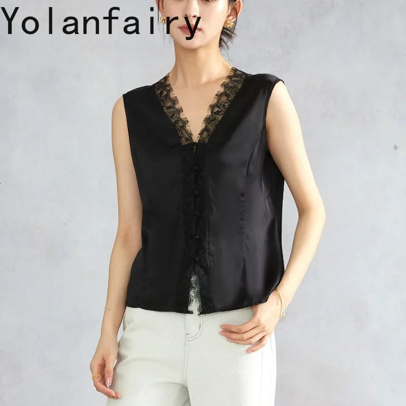 YOLANFAIRY Elegant Lace Trim Silk Satin Vest for Woman 90% Pure Mulberry Silk V Neck Sleeveless Women's Tanks Casual Daily Top
